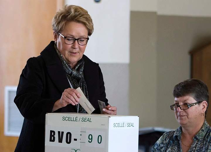PQ leader Pauline Marois smiles as she casts her vote in Charlevoix-Cote-de-Beaupre riding Monday, April 7, 2014.