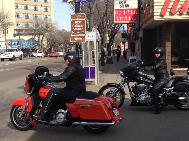 Two motorcyclists on Whyte Ave; April 21, 2014.