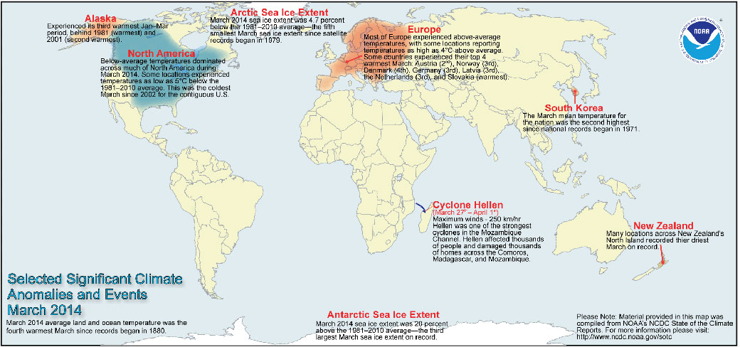 The National Climate Data Center’s global anomalies for the month of March.