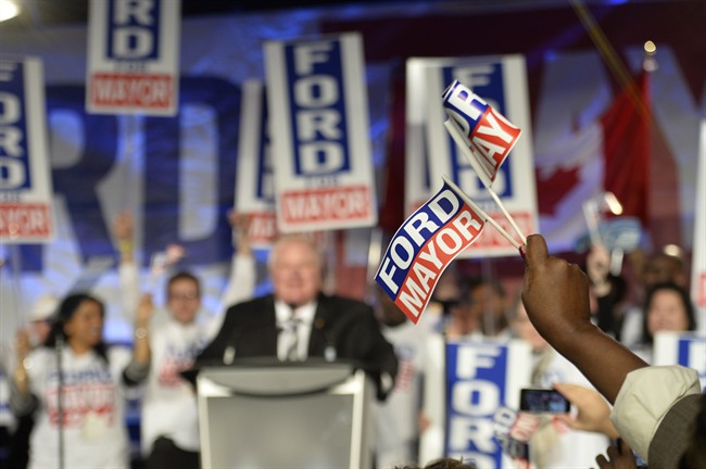 Toronto mayor Rob Ford speaks to supporters during his election campaign launch in Toronto on Thursday, April 17, 2014.