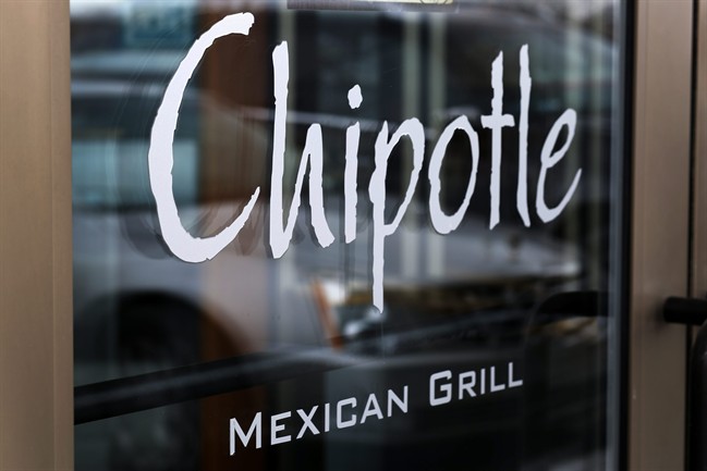 This Tuesday, Jan. 28, 2014, file photo, shows the door at a Chipotle Mexican Grill in Robinson Township, Pa. 