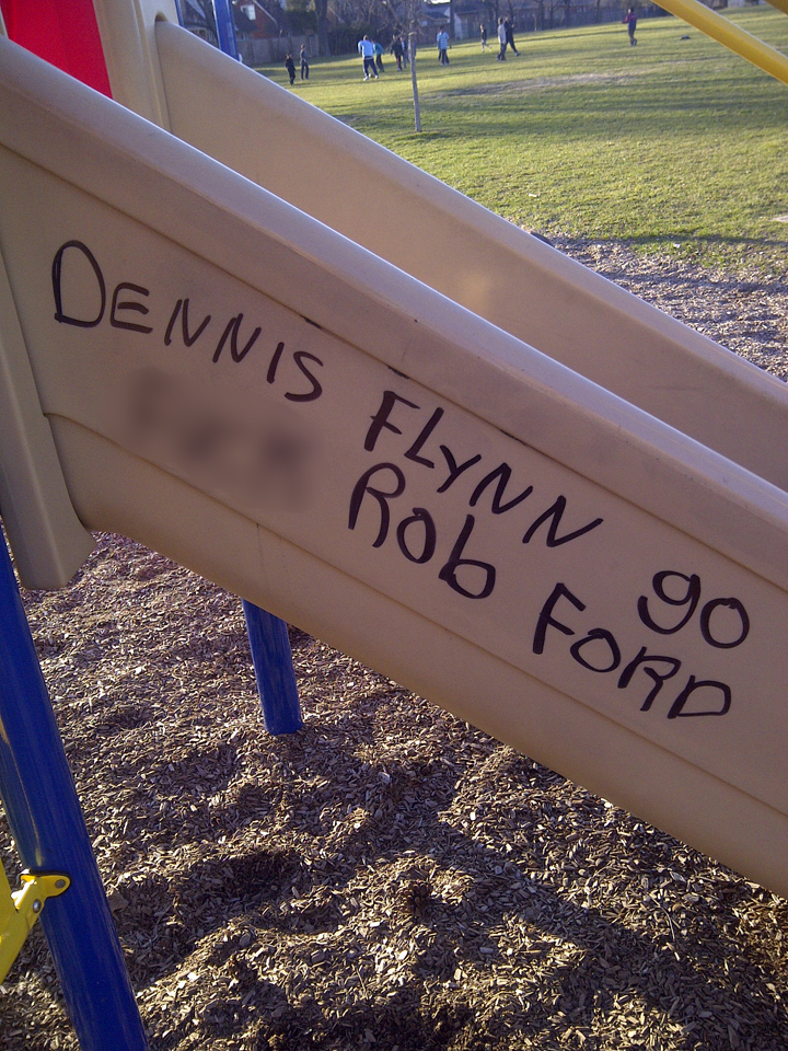 A photo of the graffiti at Dennis Flynn park in Etobicoke.