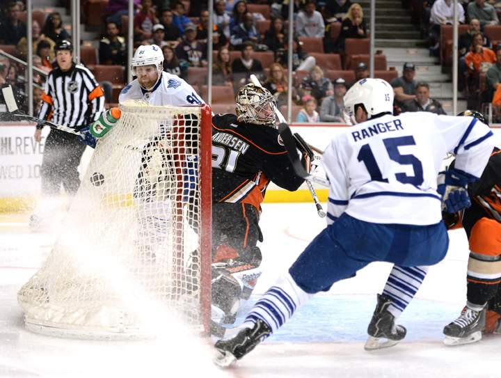 Frederik Andersen #31 of the Anaheim Ducks watches as Paul Ranger #15 of the Toronto Maple Leafs scores off a pass from Phil Kessel #81 Toronto Maple Leafs take a 3-0 lead during the second period at Honda Center on March 10, 2014 .