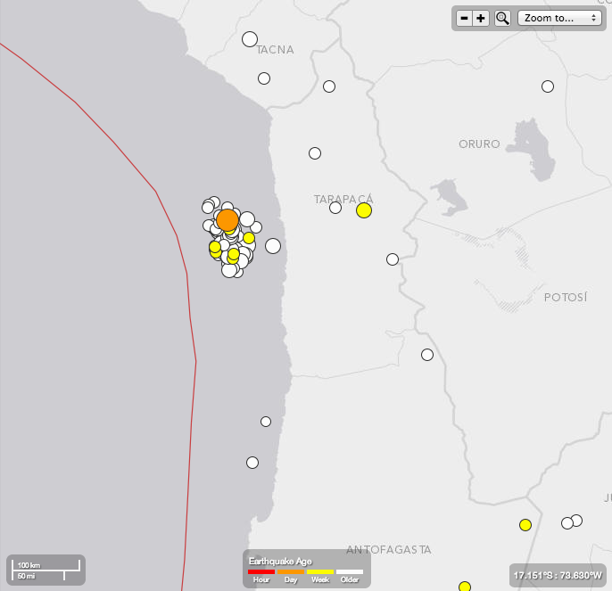 A map detailing the area off the coast of Chile that experienced almost 100 earthquakes over the past 30 days.