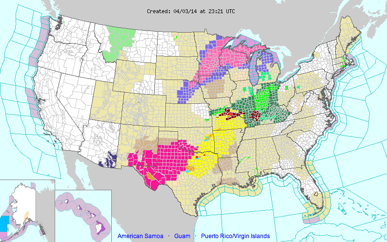 Several tornado warnings (red) and watches (yellow) were issued across several states Thursday evening.
