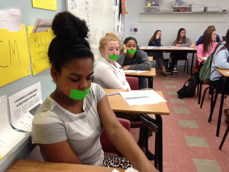 About 30 students, in grade eight and grade nine, involved with the Free the Children group at Caledonia Junior High School pledged to remain silent for 24 hours to raise money for the We Are Silent campaign.