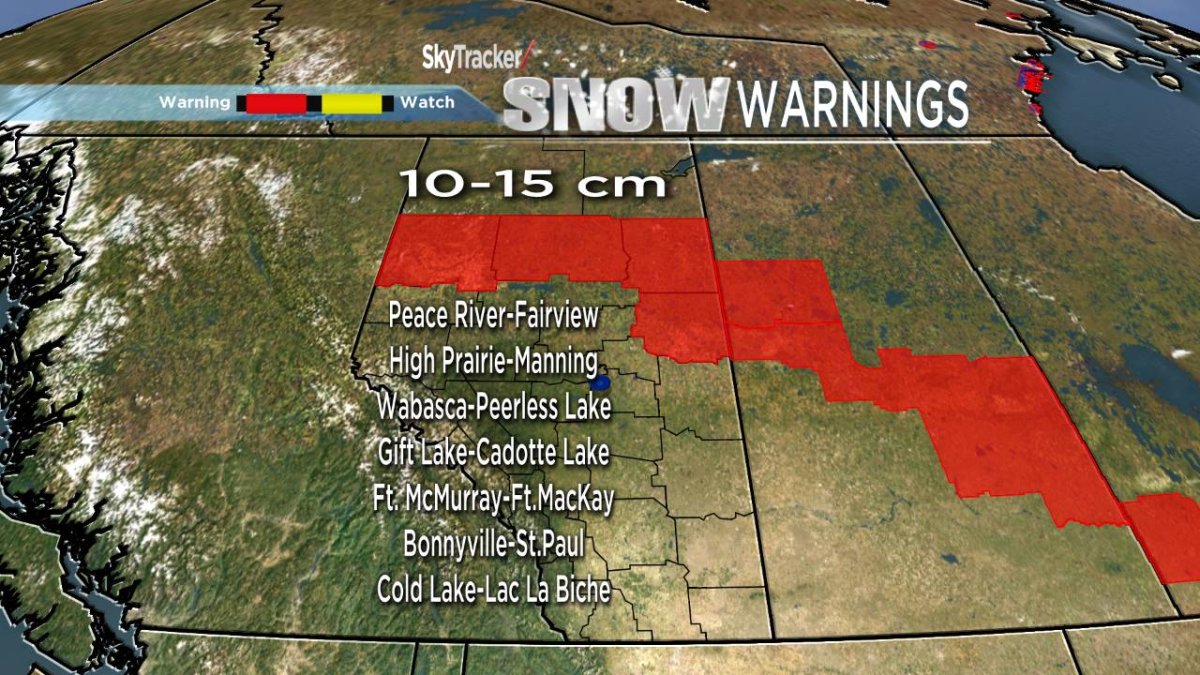 Areas of Alberta under a snowfall warning as of 1 p.m. on Friday, April 11, 2014.