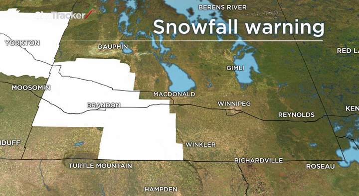 White areas are under a snowfall warning, which may be extended eastward later Friday.