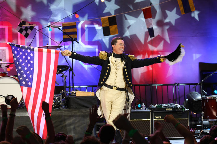 Stephen Colbert speaks on stage during Pepsi Presents StePhest Colbchella ‘012: Rocktaugustfest on board the USS Intrepid Sea-Air-Space Museum on Aug. 10, 2012 in New York City.
