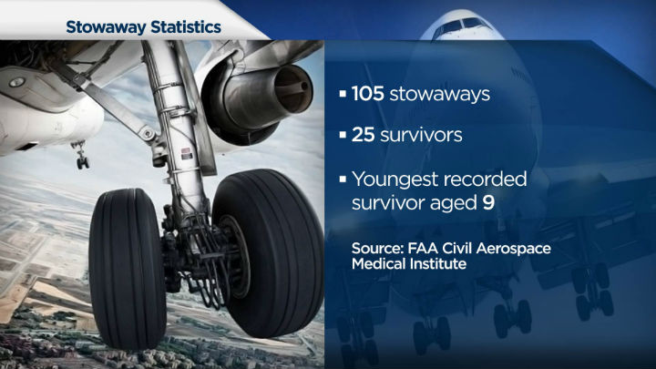 The FAA says 105 stowaways have sneaked aboard 94 flights worldwide since 1947