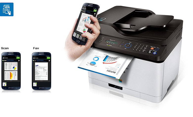 The Samsung SL-C460FW multifunction laser printer features wireless tap NFC to print and send fax