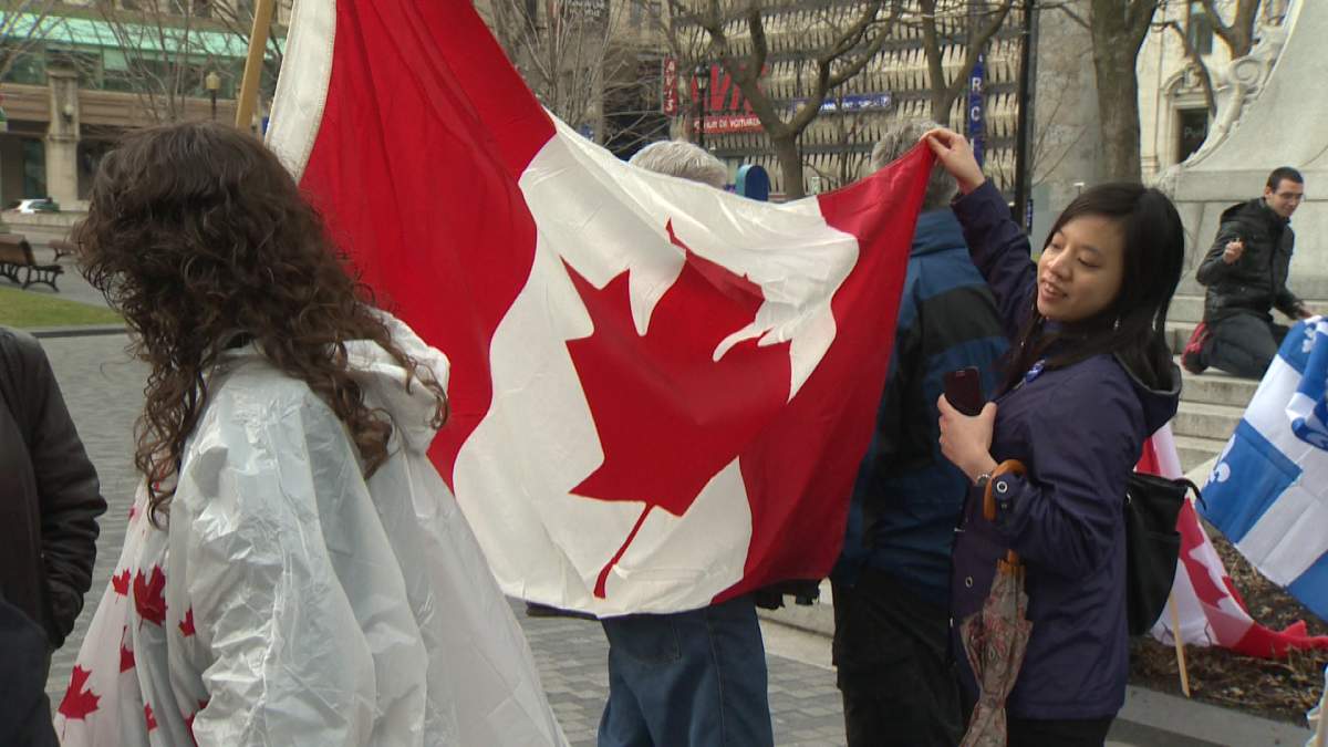 A small group celebrated Canadian unity in Dorchester Square Sunday.