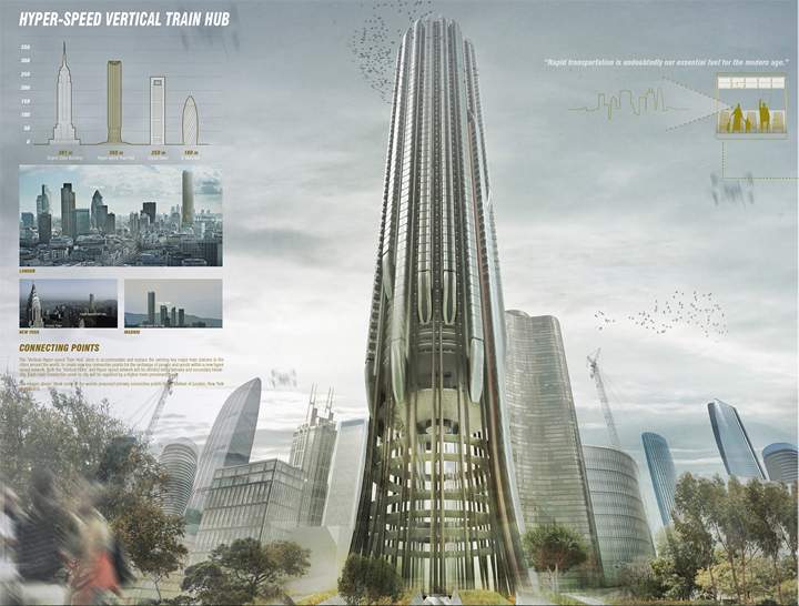 The Hyper-Speed Vertical Train Hub aims to replace existing flagship train stations and create new key connective points for the exchange of people and goods with the new hyper speed network.