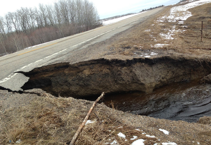 Highway closed Tuesday due to spring runoff near Snowden, Saskatchewan.