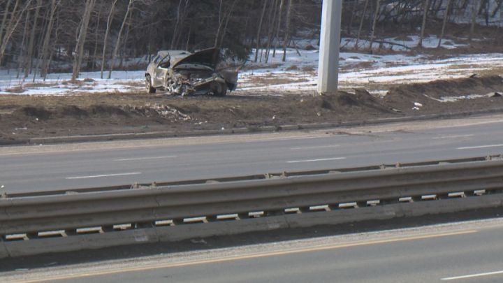 A man was sent to hospital with serious injuries following a single vehicle rollover on Whitemud Drive Thursday, April 3, 2014.