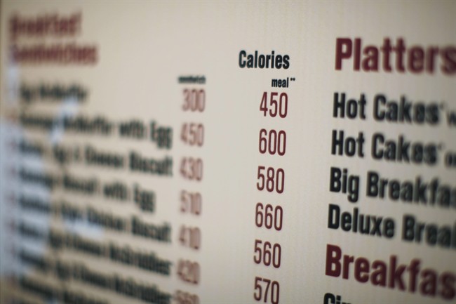 This July 18, 2008 file photo shows the calories of each food item at a McDonalds drive-thru menu in New York. 