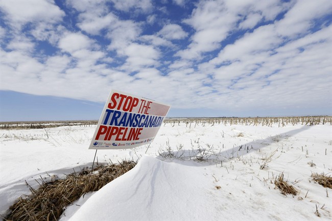 FILE - This March 11, 2013 file photo shows a sign reading "Stop the Transcanada Pipeline" in a field near Bradshaw, Neb. (AP Photo/Nati Harnik, File).