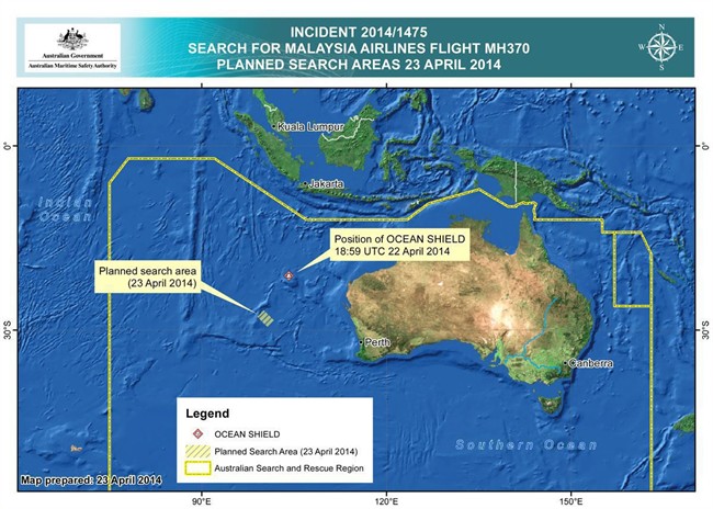 In this map provided on Wednesday, April 23, 2014, by the Joint Agency Coordination Centre, details are presented in the search for the missing Malaysia Airlines Flight 370 in the southern Indian Ocean. 