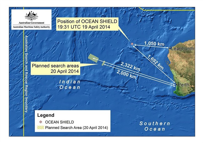 In this map provided on Sunday, April 20, 2014, by the Joint Agency Coordination Centre details are presented in the search for the missing Malaysia Airlines Flight 370 in the southern Indian Ocean. Up to 11 aircraft and 12 ships continue to scan the ocean surface for debris from the Boeing 777 that disappeared March 8 en route from Kuala Lumpur to Beijing with 239 people on board. (AP Photo/Joint Agency Coordination Centre) .