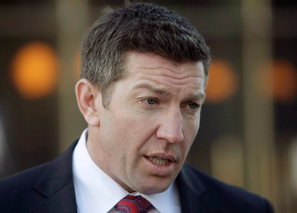 Former NHLer Sheldon Kennedy speaks with media outside the Law Courts in Winnipeg, Tuesday, March 20, 2012.