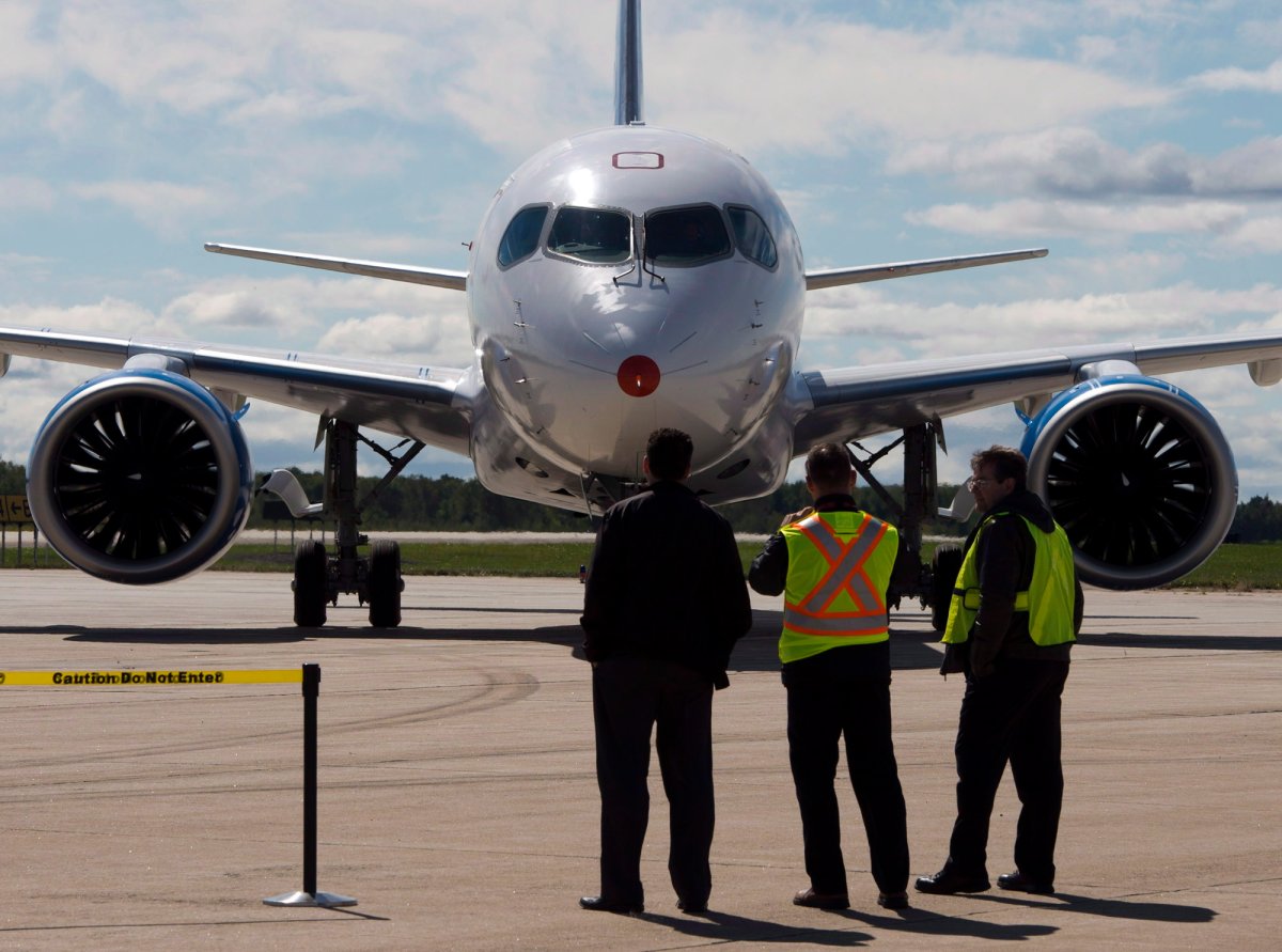 Bombardier's C-S100 taxis in after its first test flight in Mirabel, Que. September 16, 2013.