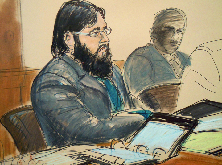 FILE - In this April 18, 2012 courtroom file sketch, terror trial suspect Adis Medunjanin sits in federal court in the Brooklyn borough of New York. 