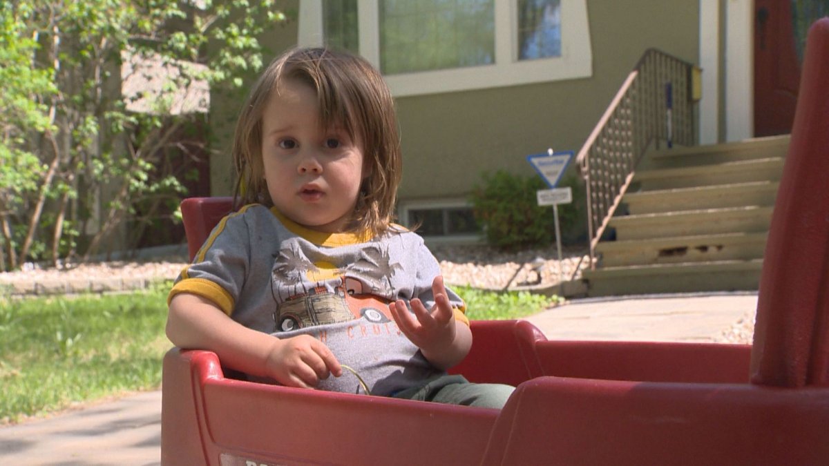Regina toddler enjoying his new wagon given to him by a Facebook user.