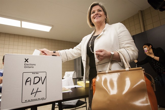 Ontario NDP Leader Andrea Horwath casts her ballot during an advanced poll at Big Brothers Big Sisters in Hamilton, Ont., Saturday, May 31, 2014.