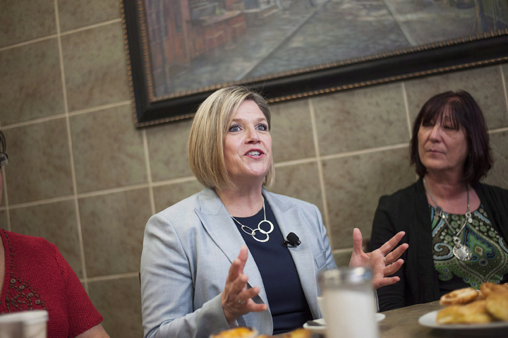 Ontario NDP Leader Andrea Horwath speaks at the International Bakery during a campaign and media event with NDP York West Candidate Tom Rakocevic to discuss home-care support in Toronto on Wednesday May 28, 2014.