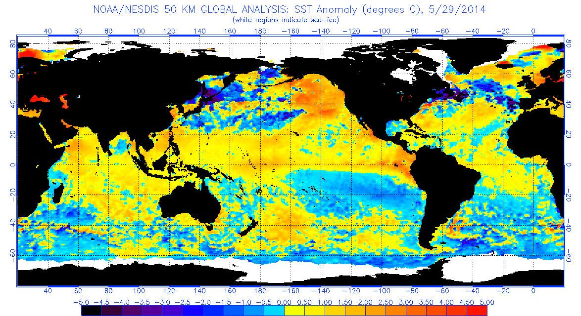 Sea surface temperature (SST) anomalies. Anomalies represent deviations from normal temperature values, with unusually warm temperatures shown in red and unusually cold anomalies shown in blue.