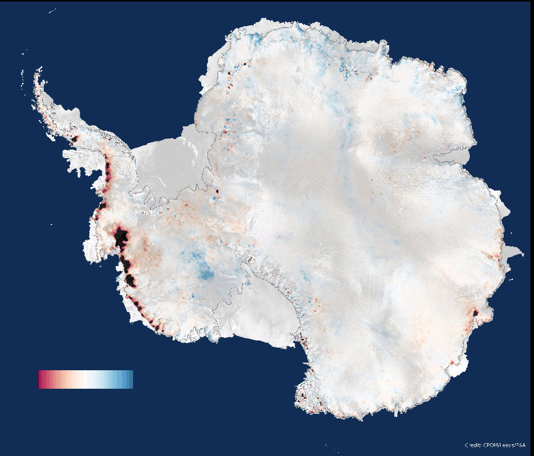 Three years of measurements from CryoSat-2 show that the Antarctic Ice Sheet is now losing 159 Gigatons of ice each year, enough to raise global sea levels by 0.45 millimetres per year. Colour scale ranges from -1 to +1 metres per year.