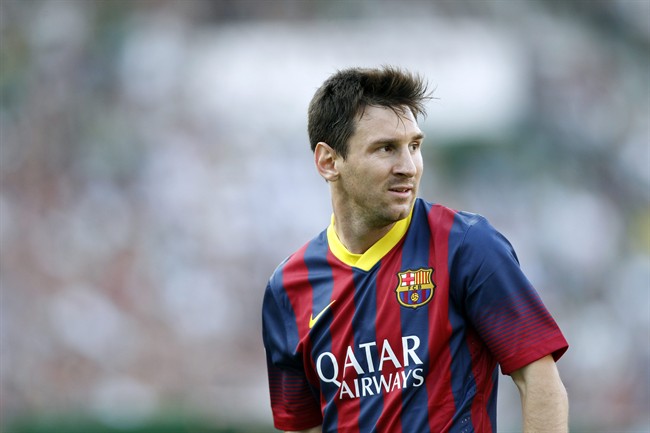 Barcelona's Lionel Messi is seen during a Spanish La Liga soccer match against Elche at the Martinez Valero stadium in Elche, Spain, on Sunday, May 11, 2014.