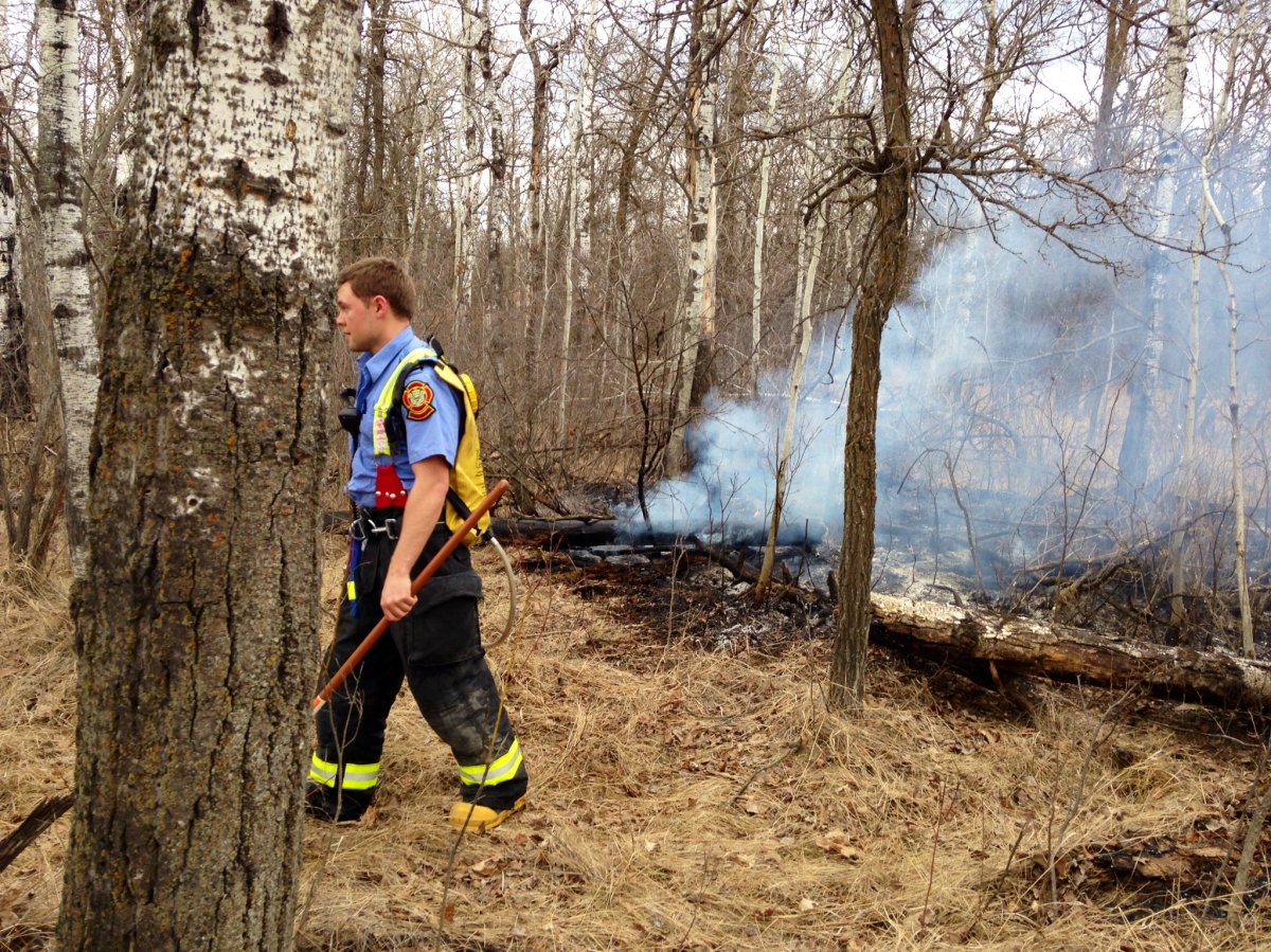 A firefighter battles the blaze in the Assiniboine Forest on Sunday.