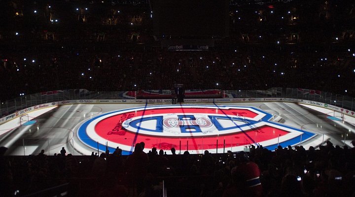 A Montreal Canadiens' logo is shown prior to game three first round NHL Stanley Cup playoff action against the Tampa Bay Lightning in Montreal, Sunday, April 20, 2014. 