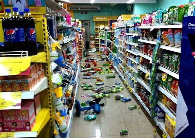 Goods at a grocery store fallen from from the shelves after an earthquake in Chiang Rai province, northern Thailand Monday, May 5, 2014. A strong earthquake shook northern Thailand and Myanmar on Monday evening, and some light damage was reported.