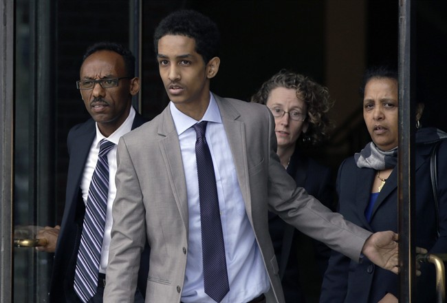 Robel Phillipos, a college friend of Boston Marathon bombing suspect Dzhokhar Tsarnaev, leaves federal court after a hearing Tuesday, May 13, 2014, in Boston. 