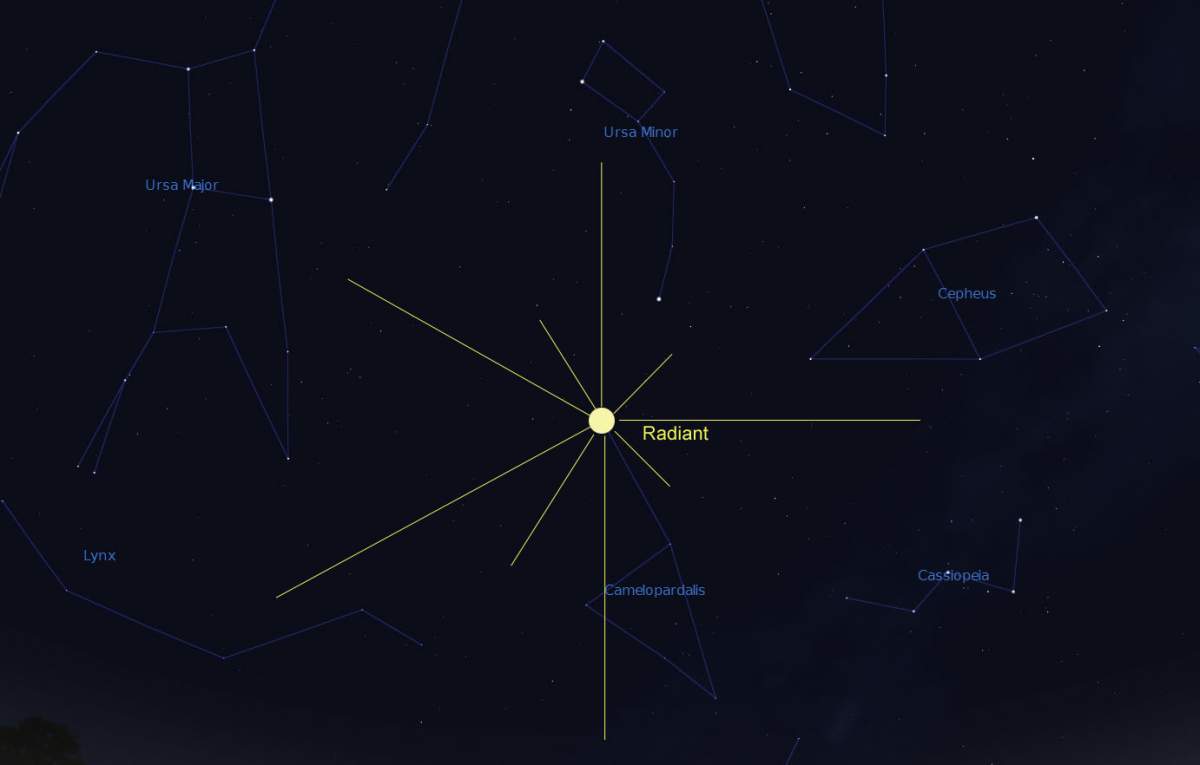 The radiant, or the area where it appears that all meteors are originating from is shown here in yellow.