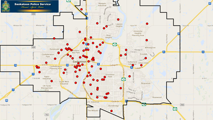 A map from Saskatoon Police Service plots the 95 vehicle thefts in the city between April 8 and May 8.