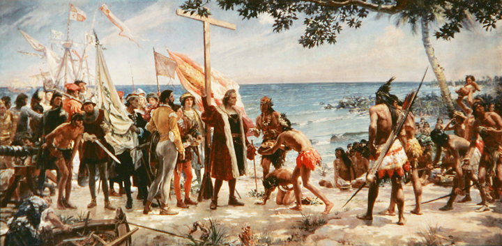 An undated painting shows Christopher Columbus arriving at one of the Caribbean islands on his voyage of discovery from the Naval Museum in Madrid, 19 May 2006. 