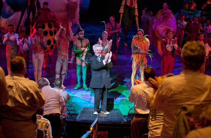 Performing as a clown over the last 60 years, Brian Dewhurst celebrated his 80th birthday at a May 22, 2012 Cirque du Soleil performance (above) as the oldest performer employed by Cirque.