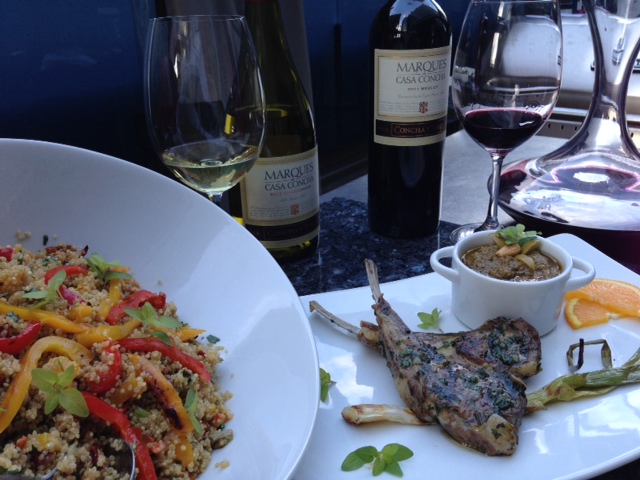 Lamb chops with almond, green olive and mint pesto.