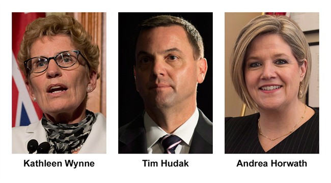 Ontario party leader, from left, Liberal Kathleen Wynne, Conservative Tim Hudak and NDP Andrea Horwath, are shown in recent photos.