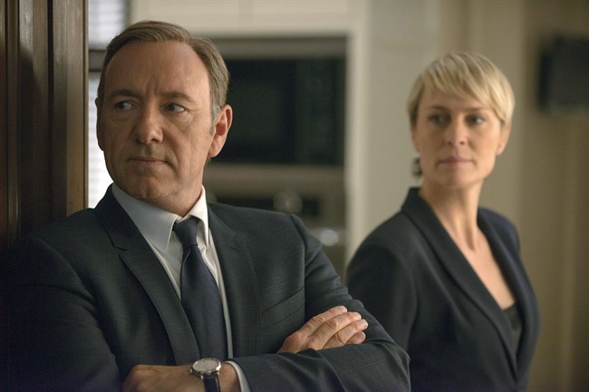 Kevin Spacey as Francis Underwood, left, and Robin Wright as Clair Underwood in a scene from Netflix' "House of Cards.