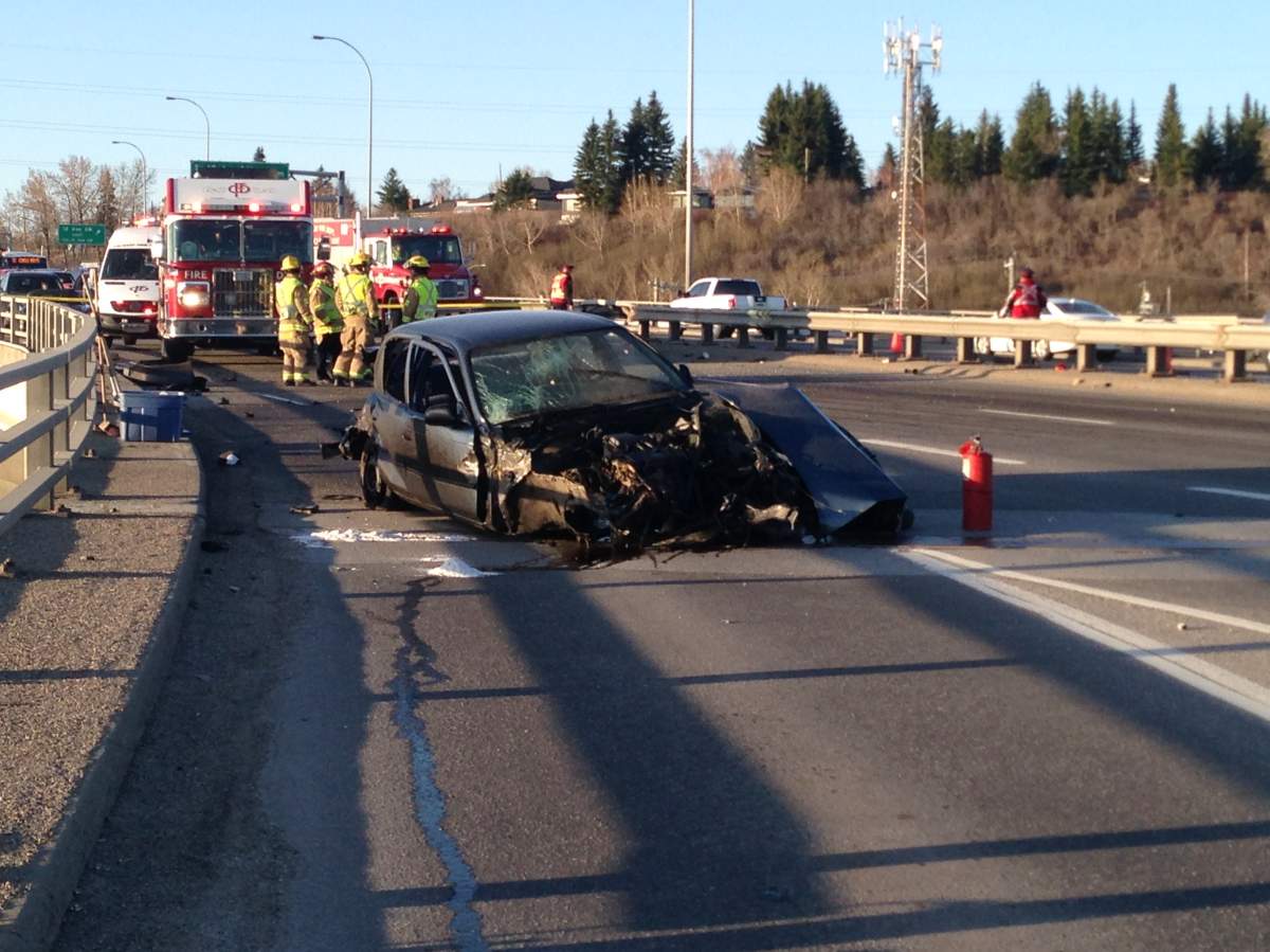 Emergency crews respond to a collision on Northbound Crowchild Trail at Bow Trail S.W. on Monday, May 12, 2014.