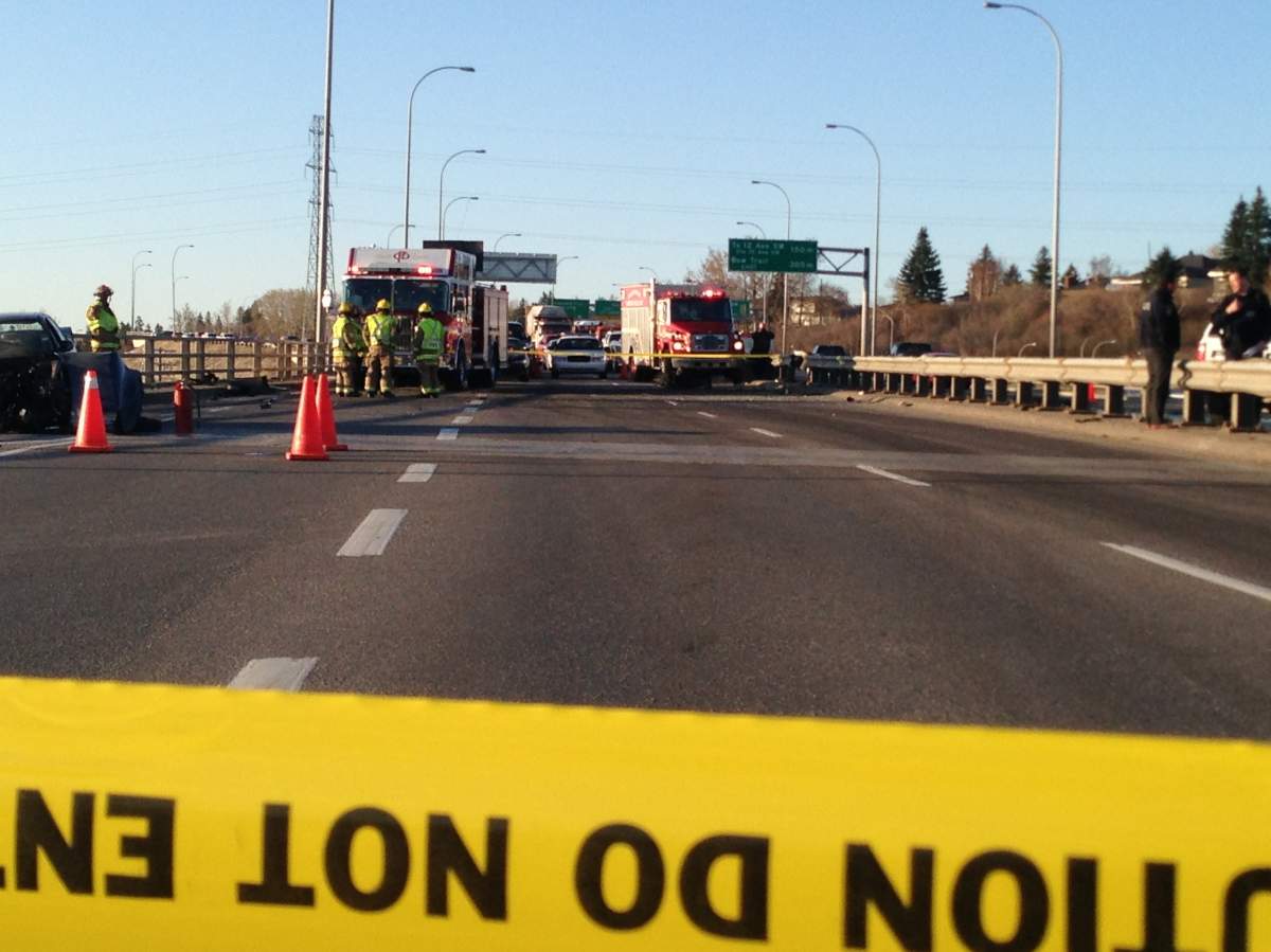 Emergency crews respond to a collision on Northbound Crowchild Trail at Bow Trail S.W. on Monday, May 12, 2014.