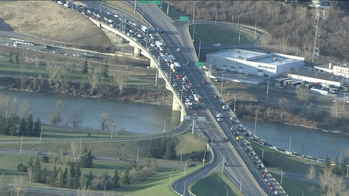 Traffic backs up on northbound Crowchild Trail on Monday, May 12, 2014 as police respond to a collision.