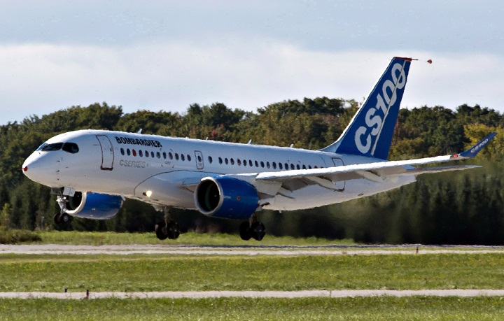 Bombardier's C-Series100 takes off on its maiden test flight at the company's facility Monday, September 16, 2013 in Mirabel, Que.