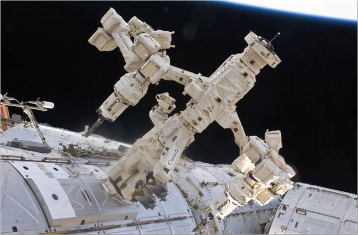 Dextre, the Canadian-built robotic arm, aboard the International Space Station.