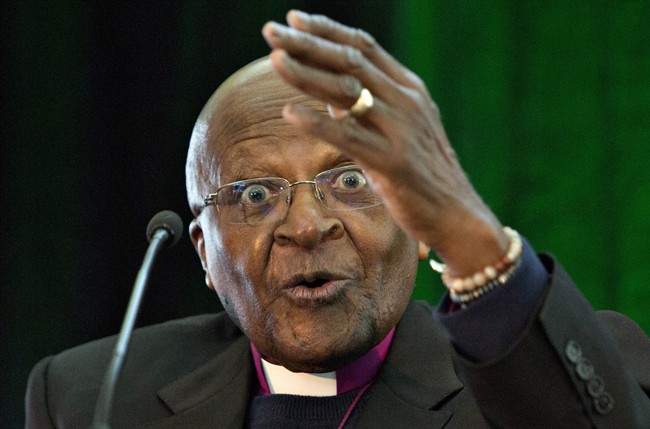 Archbishop Desmond Tutu gives the keynote address during the conference, As Long as the Rivers Flow: Coming Back to the Treaty Relationship in Our Time, in Fort McMurray, Alta. on Saturday May 31, 2014. 