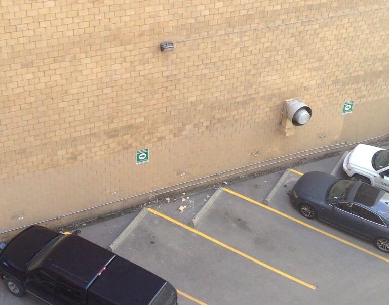 A look at where bricks broke out of the wall.